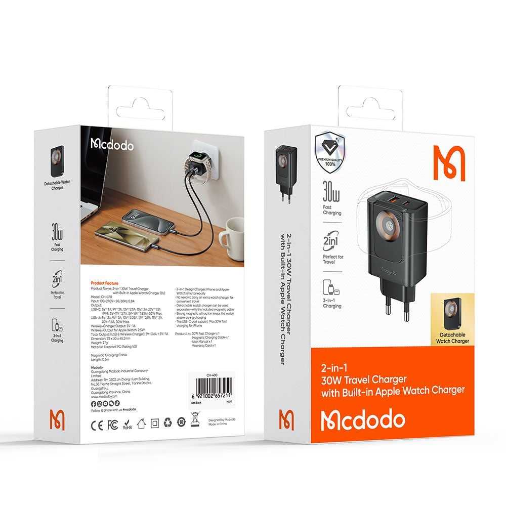 Încărcător de călătorie Mcdodo CH-3700 Travel Companion, 30W, USB-A/C, încărcare Apple Watch integrată, Negru