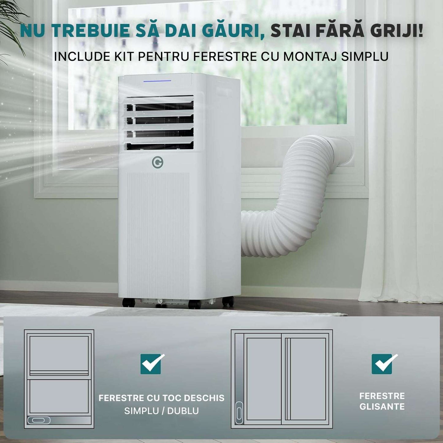 Aer conditionat portabil 9000 BTU cu dezumidificator 4 în 1, ventilator de răcire cu 2 viteze, afișaj digital și telecomandă, kit pentru fereastră, temporizator de 24 de ore pentru camere de până la 25 m²/78 m³.