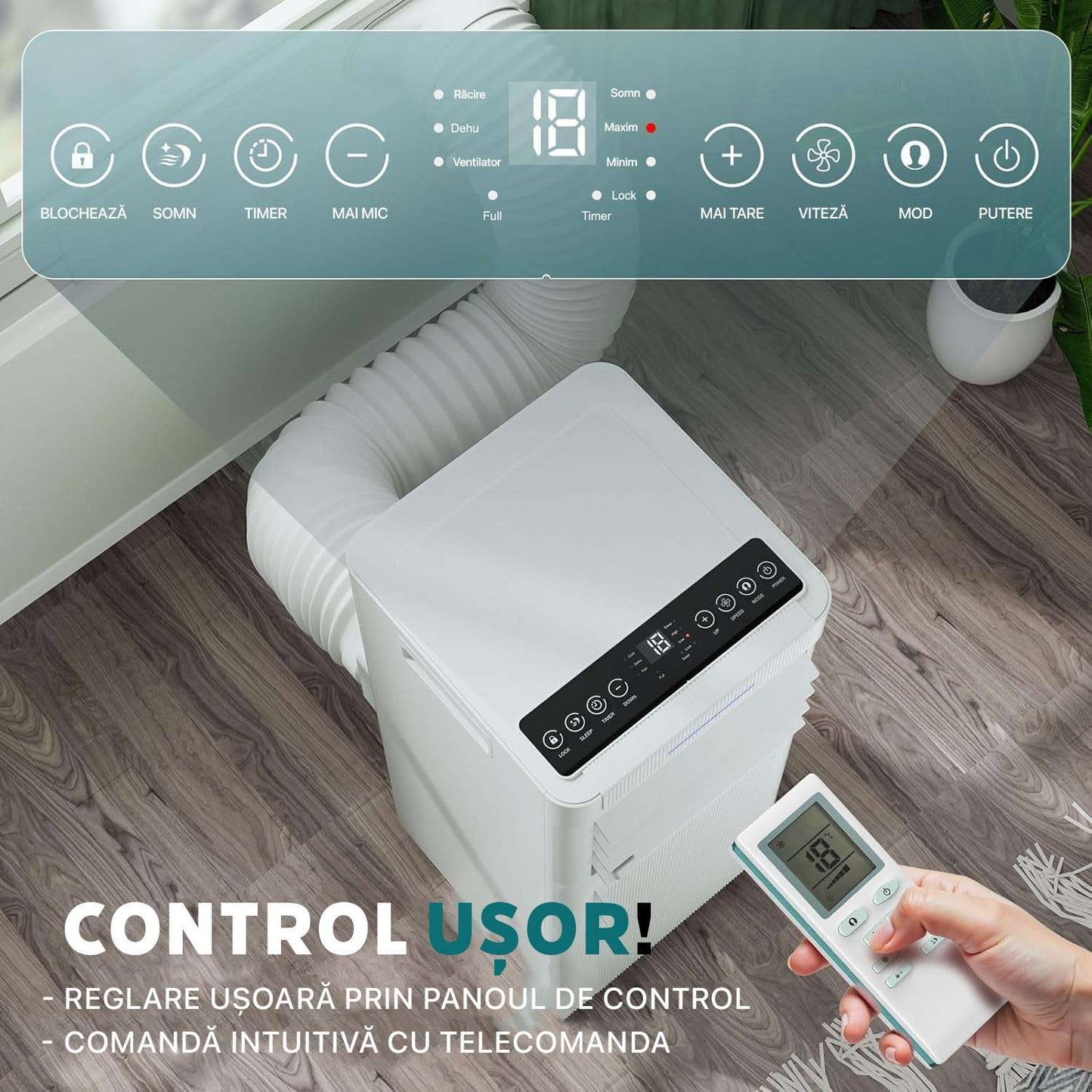 Aer conditionat portabil 9000 BTU cu dezumidificator 4 în 1, ventilator de răcire cu 2 viteze, afișaj digital și telecomandă, kit pentru fereastră, temporizator de 24 de ore pentru camere de până la 25 m²/78 m³.
