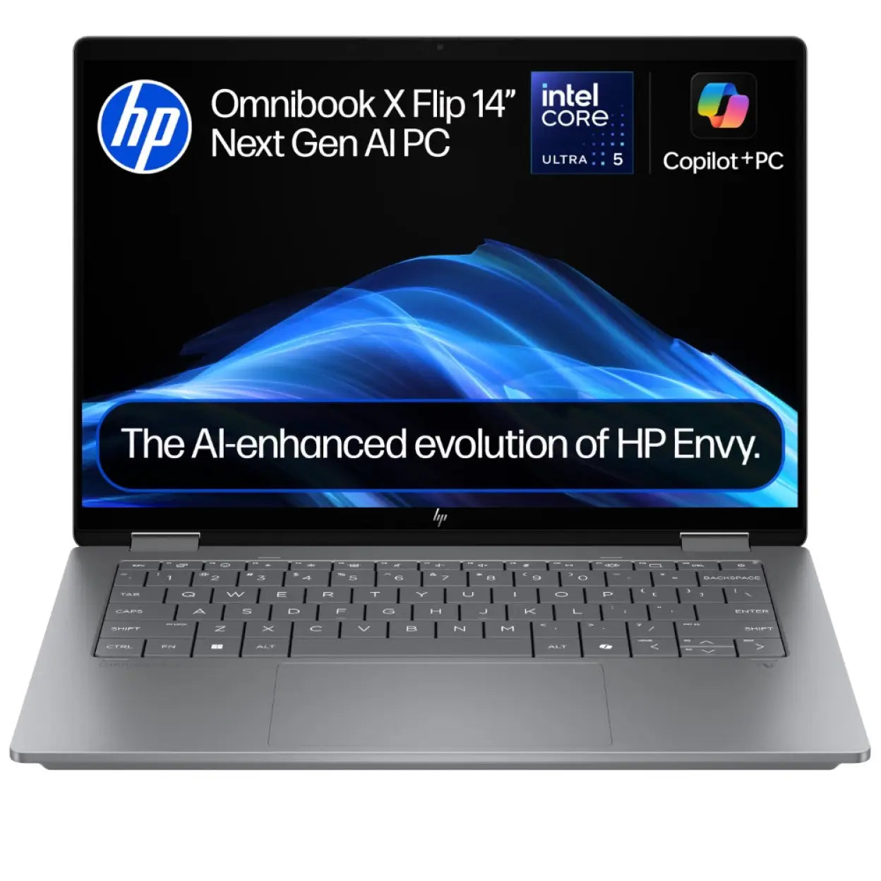 Laptop HP OmniBook X Flip 2-in-1, AI 14-fm0005na, Intel Core Ultra 5 (8 Core, până la 4.5 GHz), 16GB LPDDR5x, SSD 512GB, Ecran tactil 14" 2K, Windows 11 Home, 16 ore autonomie, Wi-Fi, Poly Camera Pro, culoare Meteor Silver