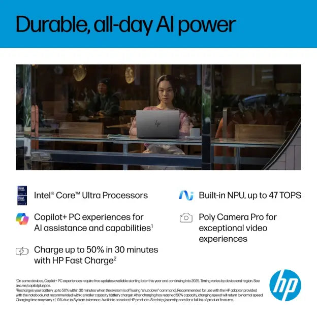 Laptop HP OmniBook X Flip 2-in-1, AI 14-fm0005na, Intel Core Ultra 5 (8 Core, până la 4.5 GHz), 16GB LPDDR5x, SSD 512GB, Ecran tactil 14" 2K, Windows 11 Home, 16 ore autonomie, Wi-Fi, Poly Camera Pro, culoare Meteor Silver