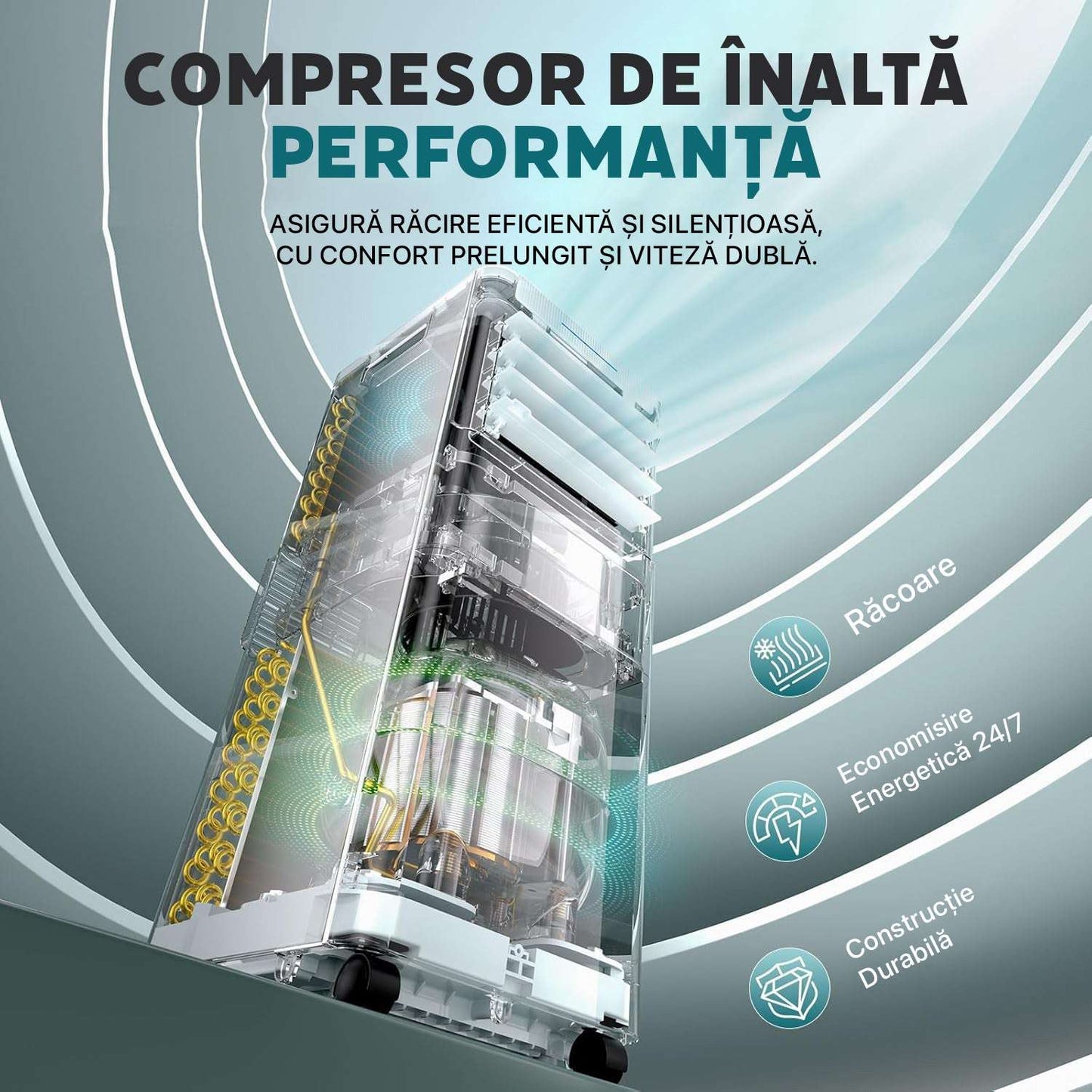 Aer conditionat portabil 9000 BTU cu dezumidificator 4 în 1, ventilator de răcire cu 2 viteze, afișaj digital și telecomandă, kit pentru fereastră, temporizator de 24 de ore pentru camere de până la 25 m²/78 m³.