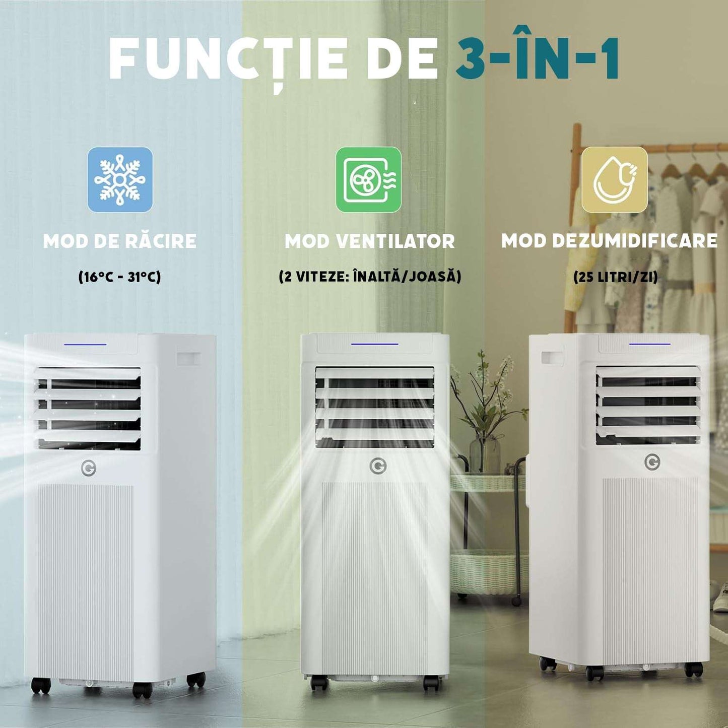 Aer conditionat portabil 9000 BTU cu dezumidificator 4 în 1, ventilator de răcire cu 2 viteze, afișaj digital și telecomandă, kit pentru fereastră, temporizator de 24 de ore pentru camere de până la 25 m²/78 m³.