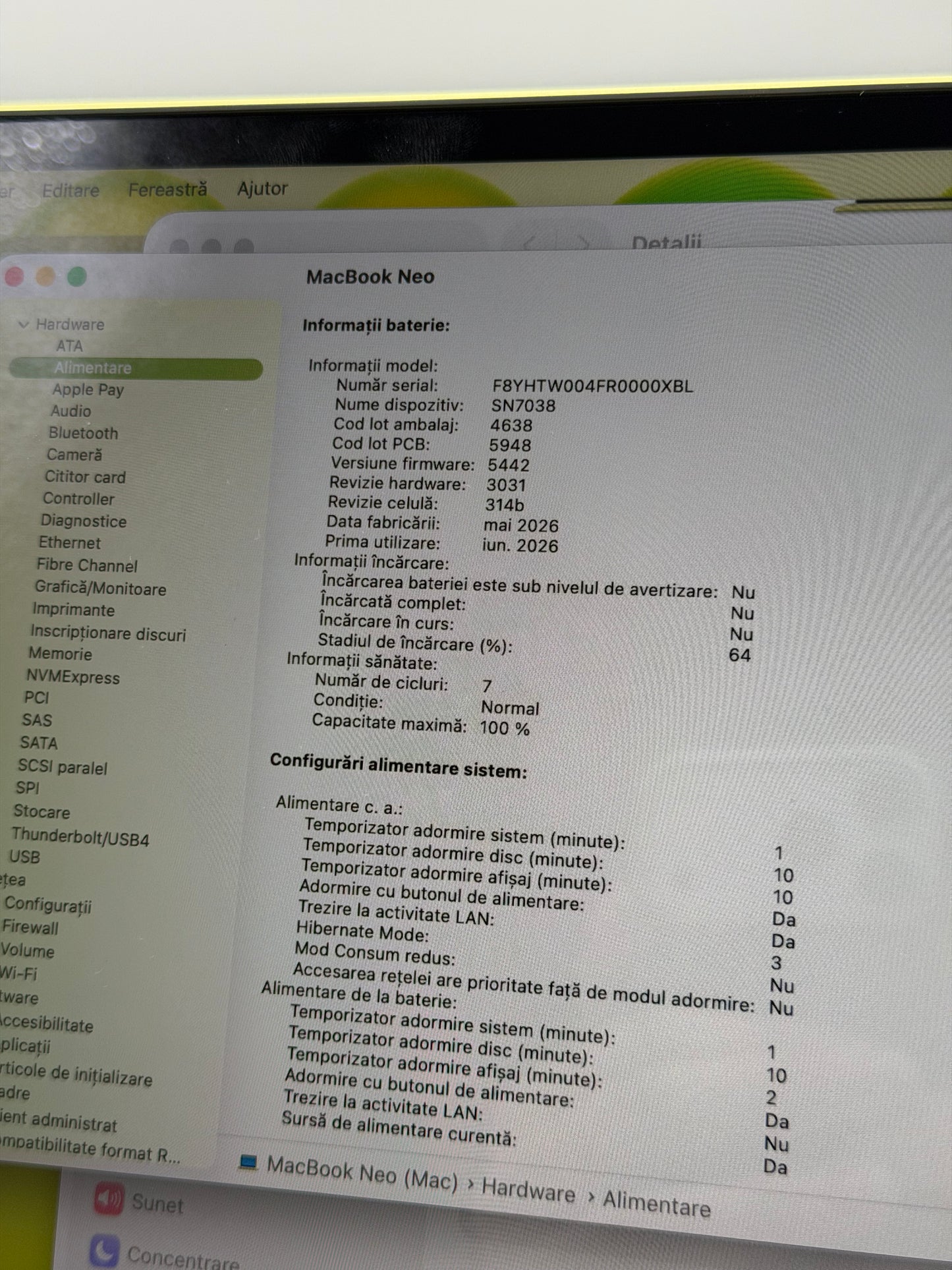 Macbook Neo 13" , 512 GB , 8 GB RAM , A18 PRO, Baterie 100% , 7 Cicluri , Citrus