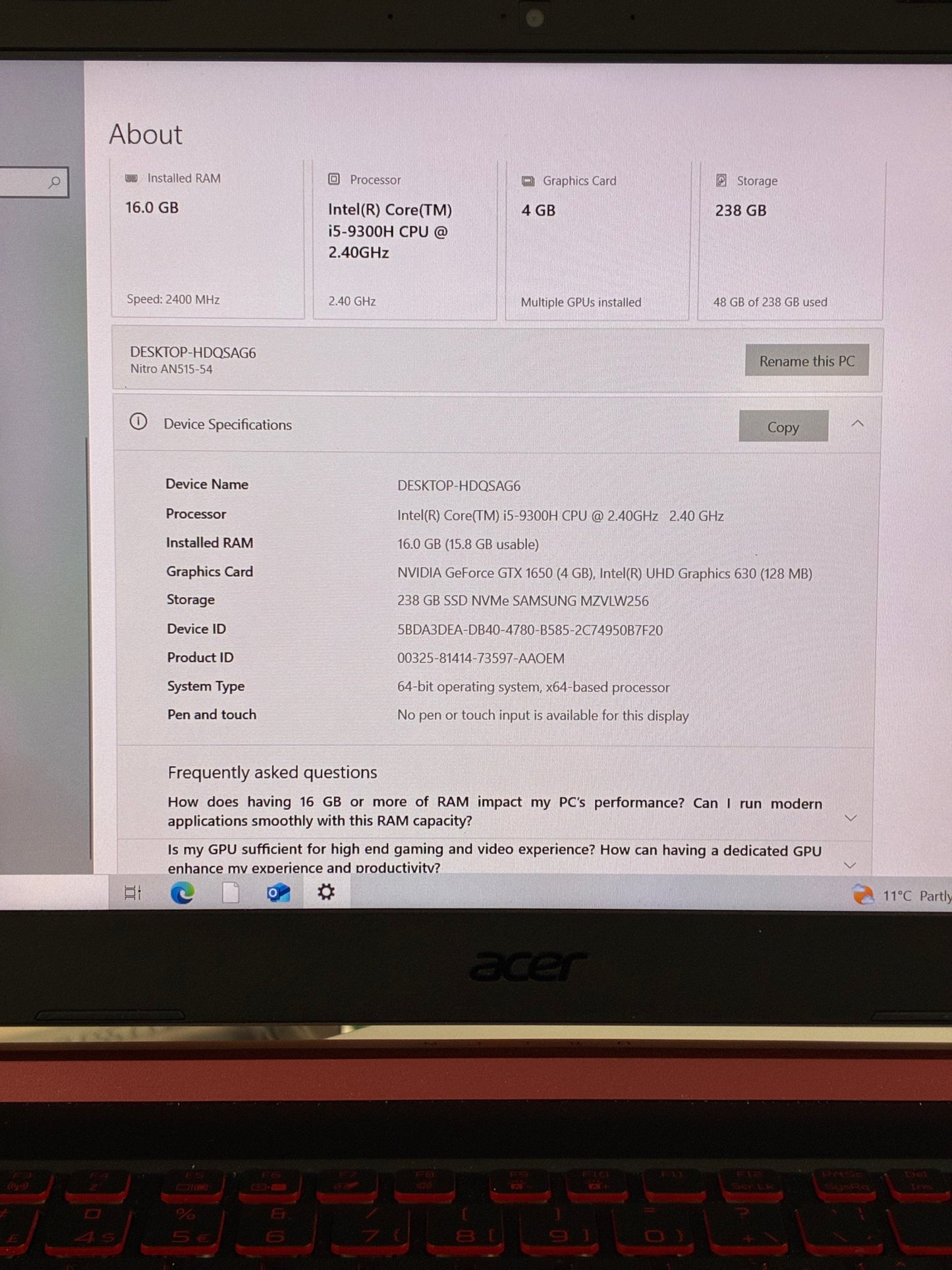 Laptop Acer Gaming 15.6" Nitro 5 | AN515-51 | Intel i5-9300H | Windows 10 | 8GB/1TB | Nvidia GTX 1650 4GB, Negru