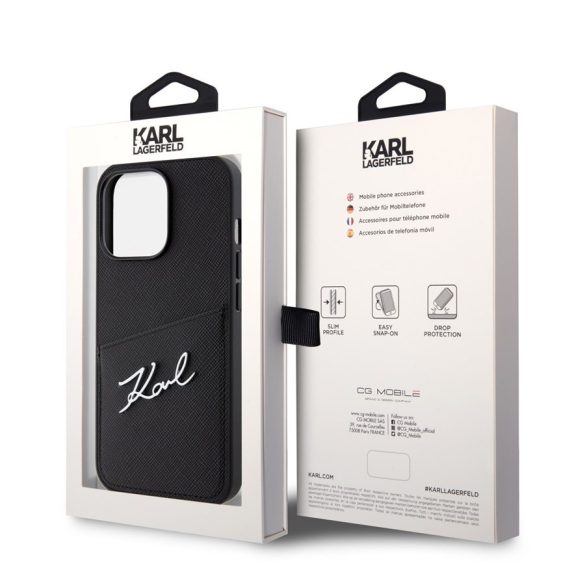 Husa Karl Lagerfeld Saffiano Card Slot Metal Signature pentru iPhone 13 Pro, negru