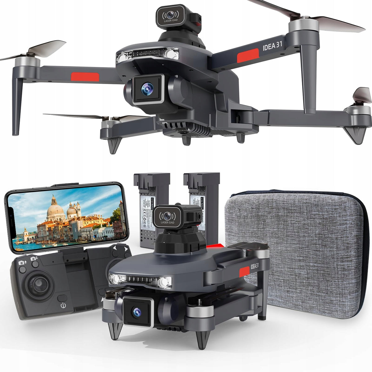 Dronă IDEA31 GPS, cameră 1080P, FPV WiFi 5GHz, motoare brushless, pliabilă, 2 acumulatori