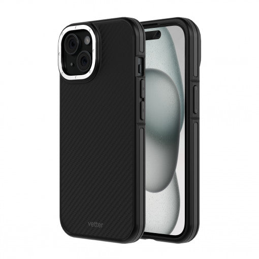 Husa iPhone 15 Plus Clip-On, Compatibila MagSafe, Aramida, Hybrid Kevlar Enhanced Protection, Negru cu Gri