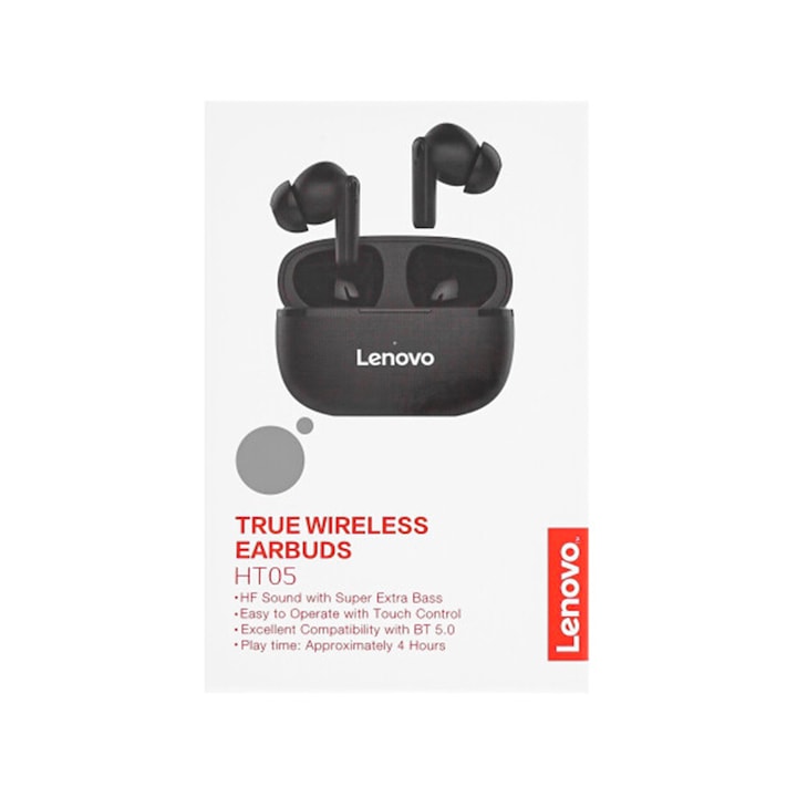 Casti wireless, Lenovo, HT05, Negru, TWS, In-Ear, Bluetooth 5.0, Reducere zgomot, Rezistenta la apa IPX5, 250 mAh