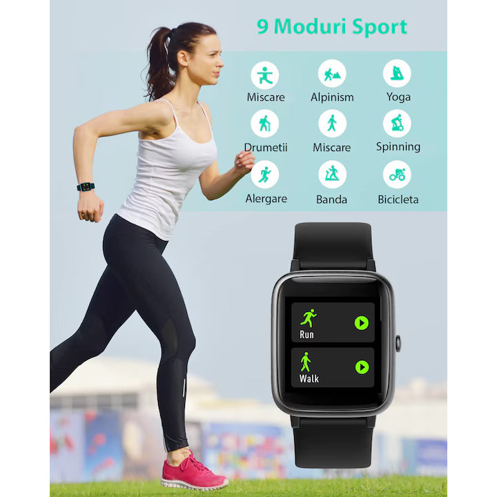 Ceas SmartWatch ProFit VeryFitPro, Apelare prin Bluetooth, Incarcare magnetica, Ritm Cardiac, Monitorizare somn, Control muzica, Notificari, Moduri sport, Alarma, Rezistent la apa, Curea Silicon, Negru
