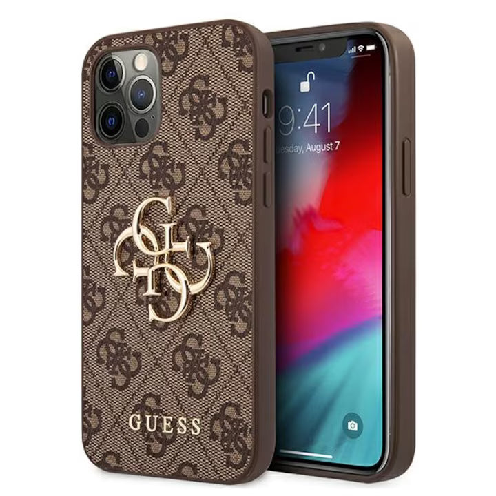 Husa pentru iPhone 12 / 12 Pro Guess 4G Big Metal Logo brown