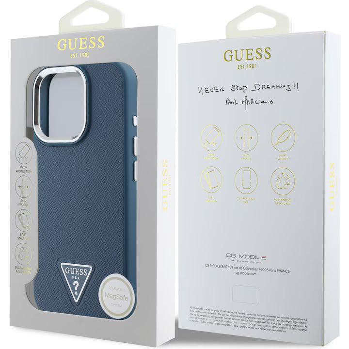 Husa de protectie Guess PU Grained Triangle Logo pentru iPhone 16 Pro Max, Albastru