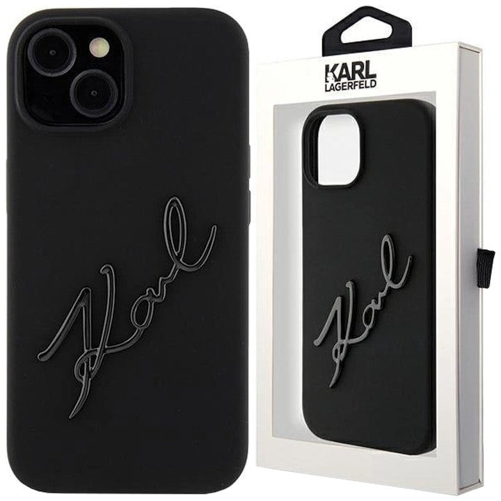 Husa iPhone 15 Karl Lagerfeld Silicone Karl Script, TPU/PC, negru