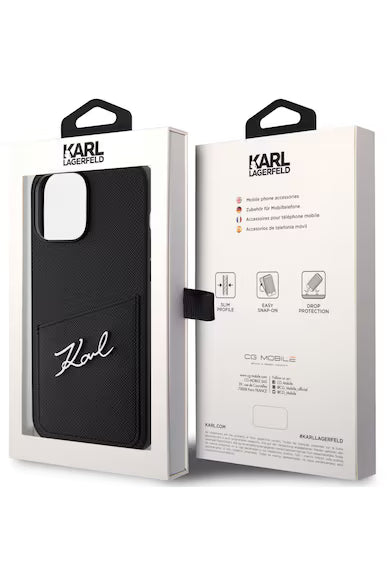Husa de protectie Saffiano Card Slot Metal Signature pentru iPhone 13 , Negru