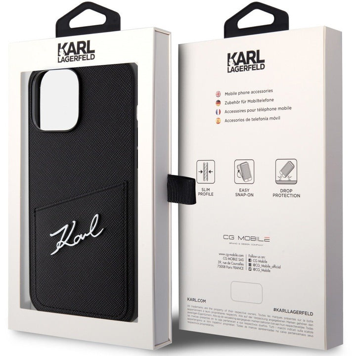 Husa de protectie Karl Lagerfeld Saffiano Card Slot Metal Signature pentru iPhone 13 Pro Max, Negru