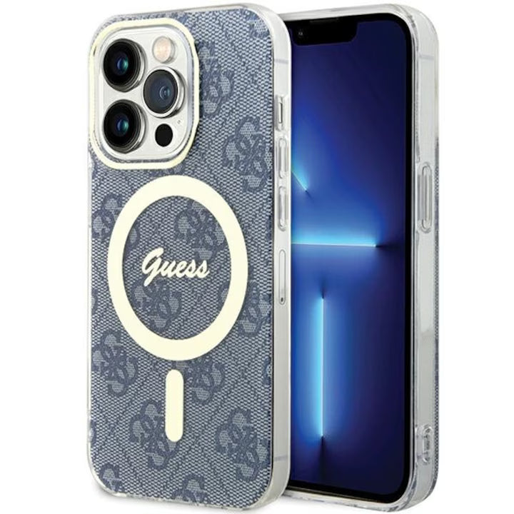 Husa de protectie pentru Iphone 15 , Guess, Magsafe, Albastru/Auriu