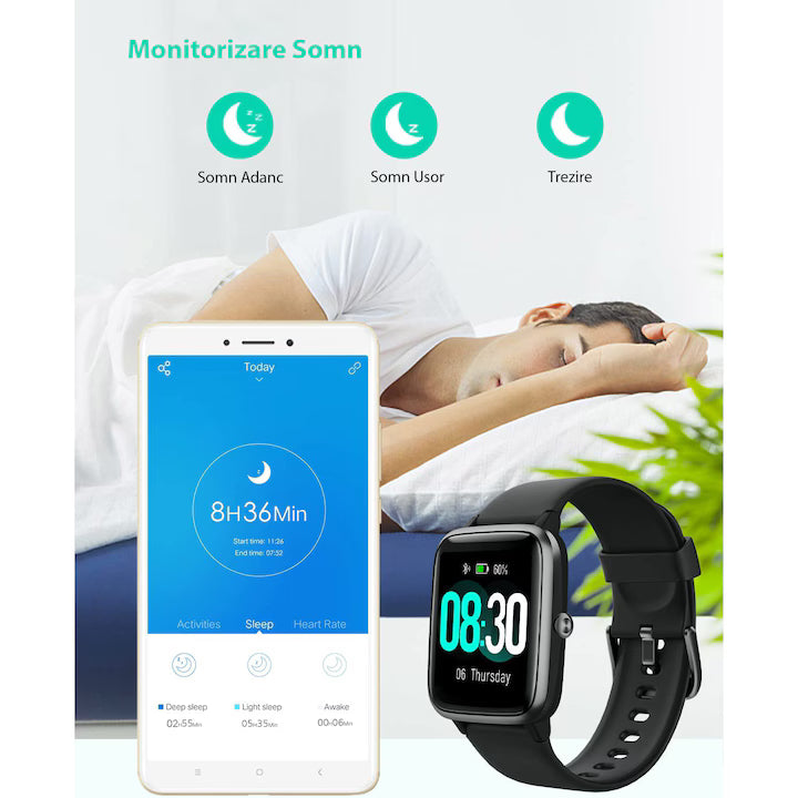 Ceas SmartWatch ProFit VeryFitPro, Apelare prin Bluetooth, Incarcare magnetica, Ritm Cardiac, Monitorizare somn, Control muzica, Notificari, Moduri sport, Alarma, Rezistent la apa, Curea Silicon, Negru