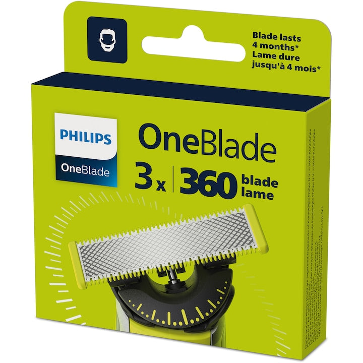 Rezerva PHILIPS OneBlade 360, QP430/50, otel inoxidabil, umed si uscat, kit 3 lame, pentru orice model PHILIPS OneBlade si OneBladePro, Verde