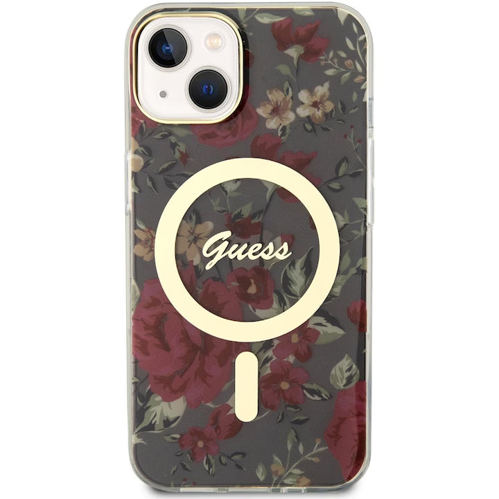 Husa de protectie Guess Flowers IML MagSafe Compatible pentru iPhone 14 Pro, Kaki