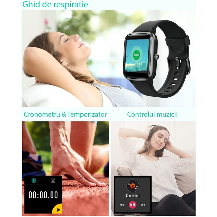 Ceas SmartWatch ProFit VeryFitPro, Apelare prin Bluetooth, Incarcare magnetica, Ritm Cardiac, Monitorizare somn, Control muzica, Notificari, Moduri sport, Alarma, Rezistent la apa, Curea Silicon, Negru
