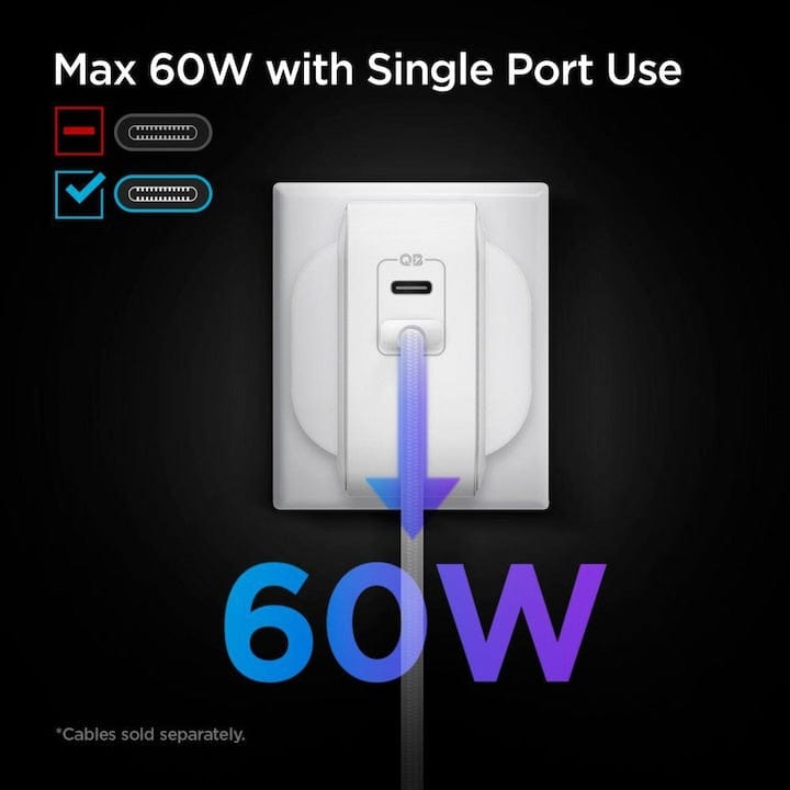 FIXLY l Spigen Incarcator de retea, Spigen,PowerArc, PE2007EU, Alb, 2xUSB-C, 60W, GaN, PD, Quick Charge 3.0,