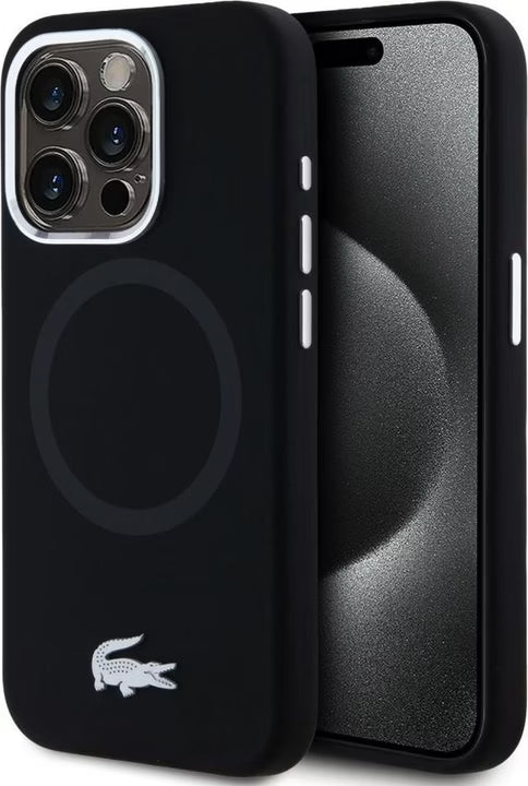 Husa Lacoste Liquid Silicone Microfibre Silver Croc Logo MagSafe pentru iPhone 15 Pro, Negru
