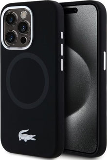 Husa Lacoste Liquid Silicone Microfibre Silver Croc Logo MagSafe pentru iPhone 15 Pro, Negru