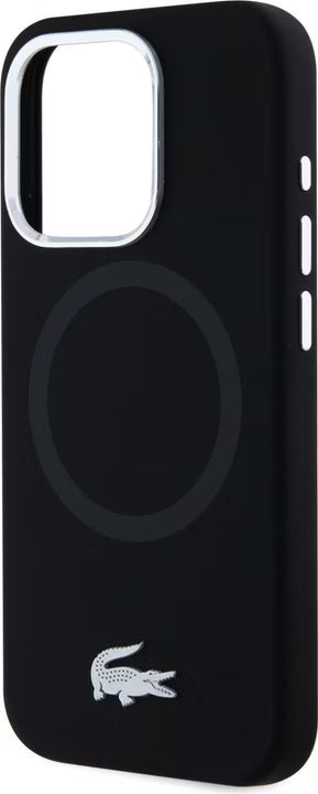 Husa Lacoste Liquid Silicone Microfibre Silver Croc Logo MagSafe pentru iPhone 15 Pro, Negru