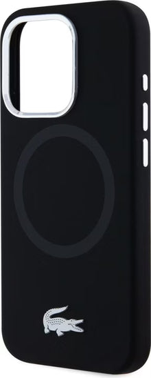 Husa Lacoste Liquid Silicone Microfibre Silver Croc Logo MagSafe pentru iPhone 15 Pro, Negru