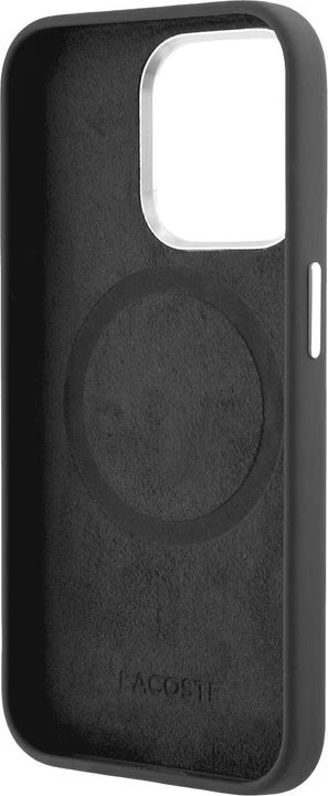 Husa Lacoste Liquid Silicone Microfibre Silver Croc Logo MagSafe pentru iPhone 15 Pro, Negru
