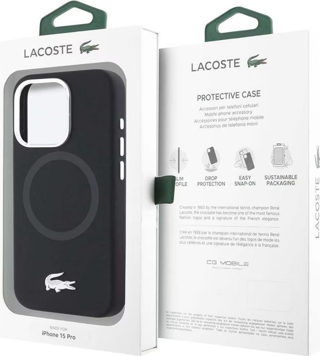 Husa Lacoste Liquid Silicone Microfibre Silver Croc Logo MagSafe pentru iPhone 15 Pro, Negru