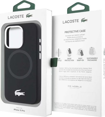 Husa Lacoste Liquid Silicone Microfibre Silver Croc Logo MagSafe pentru iPhone 15 Pro, Negru