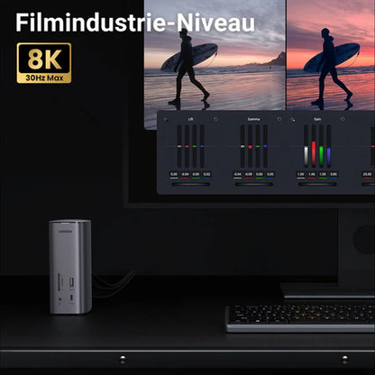 Statie de incarcare Ugreen Pro CM555 (90325) - 2x USB-C, 3x USB, SD/TF Slots, 2x HDMI, DP, RJ45, 3.5mm, PD100W, 8K@30Hz - Gray