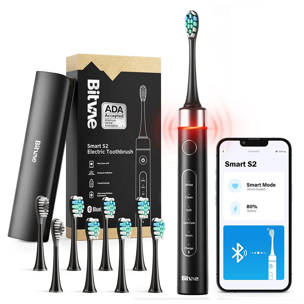 Periuță de dinți electrică inteligentă Bitvae S2, ultrasonică, cu 8 capete de periaj, senzor de presiune și toc de călătorie inclus, 5 moduri, Negru sau Roz
