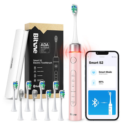 Periuță de dinți electrică inteligentă Bitvae S2, ultrasonică, cu 8 capete de periaj, senzor de presiune și toc de călătorie inclus, 5 moduri, Negru sau Roz