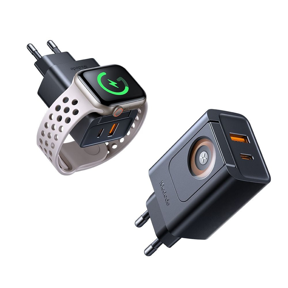 Incarcator Mcdodo CH-3700 Travel Companion, 30W, USB-A/C, încărcare Apple Watch integrată, Negru