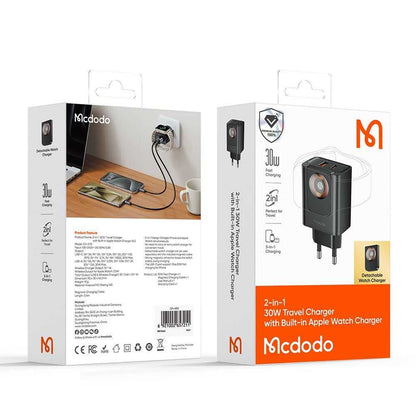 Încărcător de călătorie Mcdodo CH-3700 Travel Companion, 30W, USB-A/C, încărcare Apple Watch integrată, Negru
