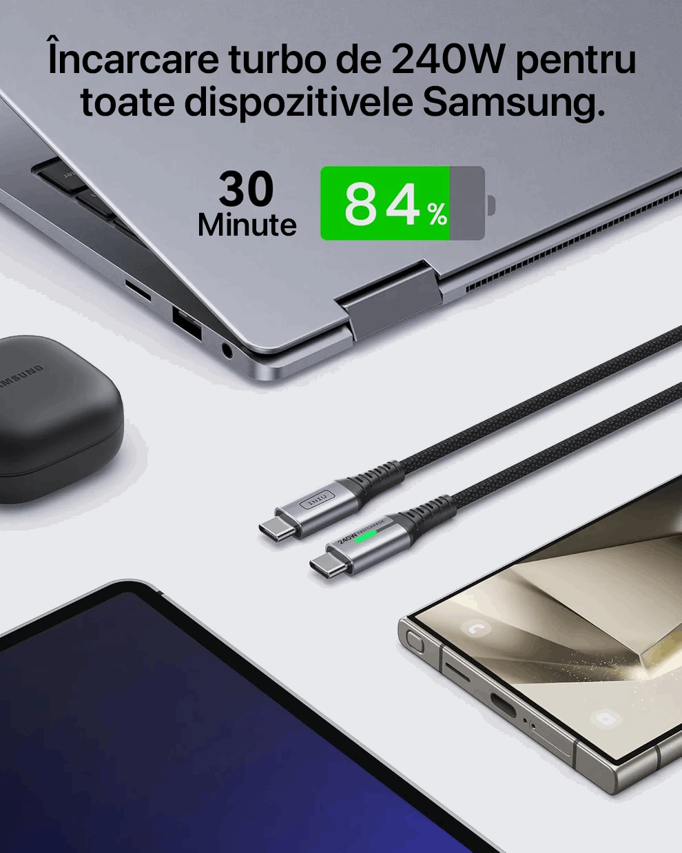 Cablu Încărcare USB-C INIU, 240 W, Pachet 2 bucăți, Premium, Lungime 2 Metri, Power delivery, Type-C, Super fast charge﻿