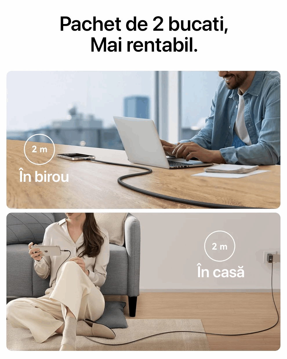 Cablu Încărcare USB-C INIU, 240 W, Pachet 2 bucăți, Premium, Lungime 2 Metri, Power delivery, Type-C, Super fast charge﻿