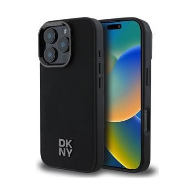 Husă DKNY Magsafe din piele cu logo Stack pentru iPhone 16 Pro Max, neagră