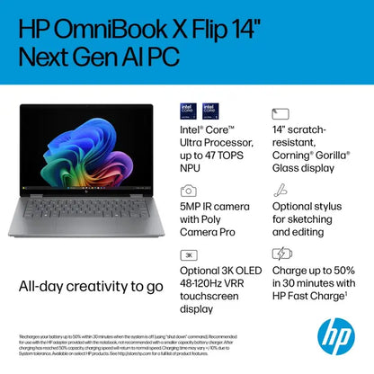 Laptop HP OmniBook X Flip 2-in-1, AI 14-fm0005na, Intel Core Ultra 5 (8 Core, până la 4.5 GHz), 16GB LPDDR5x, SSD 512GB, Ecran tactil 14" 2K, Windows 11 Home, 16 ore autonomie, Wi-Fi, Poly Camera Pro, culoare Meteor Silver