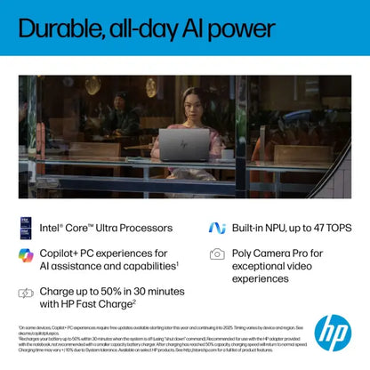 Laptop HP OmniBook X Flip 2-in-1, AI 14-fm0005na, Intel Core Ultra 5 (8 Core, până la 4.5 GHz), 16GB LPDDR5x, SSD 512GB, Ecran tactil 14" 2K, Windows 11 Home, 16 ore autonomie, Wi-Fi, Poly Camera Pro, culoare Meteor Silver