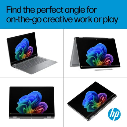 Laptop HP OmniBook X Flip 2-in-1, AI 14-fm0005na, Intel Core Ultra 5 (8 Core, până la 4.5 GHz), 16GB LPDDR5x, SSD 512GB, Ecran tactil 14" 2K, Windows 11 Home, 16 ore autonomie, Wi-Fi, Poly Camera Pro, culoare Meteor Silver