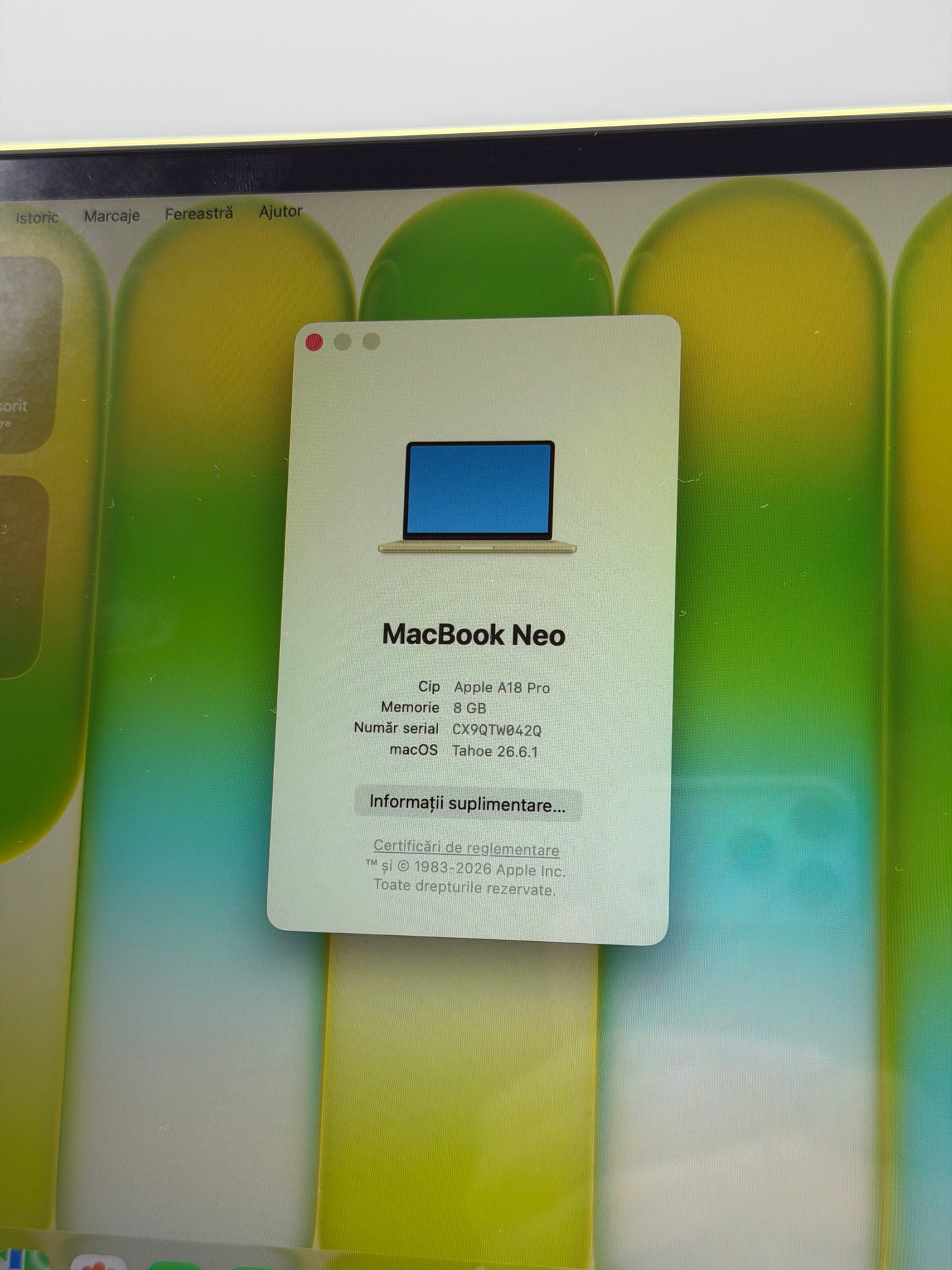 Macbook Neo 13" , 512 GB , 8 GB RAM , A18 PRO, Baterie 100% , 7 Cicluri , Citrus