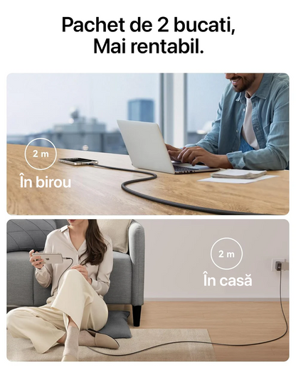 Cablu Încărcare USB-C INIU, 240 W, Pachet 2 bucăți, Premium, Lungime 2 Metri, Power delivery, Type-C, Super fast charge﻿