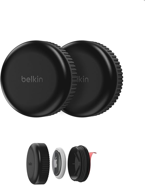 Set 2 Suporturi protectie Belkin pentru Apple AirTag, Waterproof, Cu adeziv, Rezistent la zgarieturi, pentru Bicicleta/Drona/Skateboard, Negru