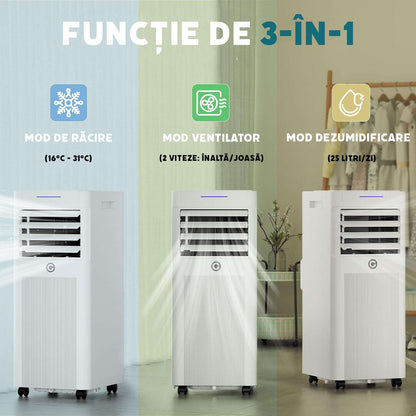 Aer conditionat portabil 9000 BTU cu dezumidificator 4 în 1, ventilator de răcire cu 2 viteze, afișaj digital și telecomandă, kit pentru fereastră, temporizator de 24 de ore pentru camere de până la 25 m²/78 m³.