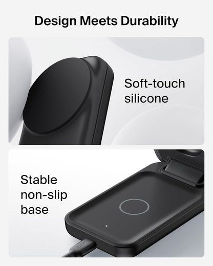 Încărcător wireless Belkin UltraCharge 3 în 1, Qi2, 25W, magnetic, compatibil MagSafe, pentru iPhone 17 / iPhone Air / Apple Watch / AirPods / Pixelsnap, adaptor 45W inclus,