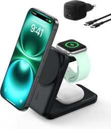 Încărcător wireless Belkin UltraCharge 3 în 1, Qi2, 25W, magnetic, compatibil MagSafe, pentru iPhone 17 / iPhone Air / Apple Watch / AirPods / Pixelsnap, adaptor 45W inclus,