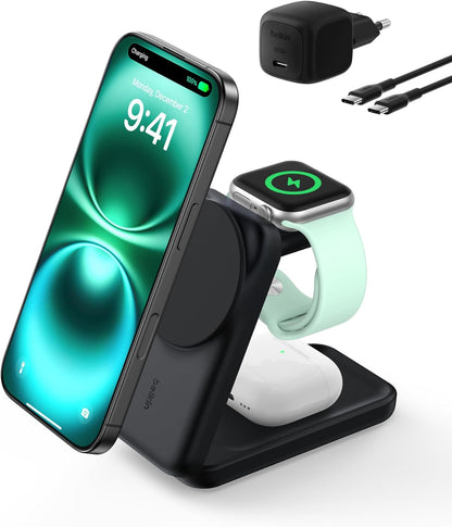 Încărcător wireless Belkin UltraCharge 3 în 1, Qi2, 25W, magnetic, compatibil MagSafe, pentru iPhone 17 / iPhone Air / Apple Watch / AirPods / Pixelsnap, adaptor 45W inclus,